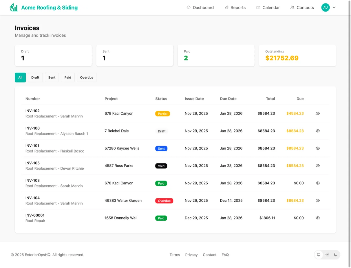 ExteriorOpsHQ Invoicing - professional invoice management